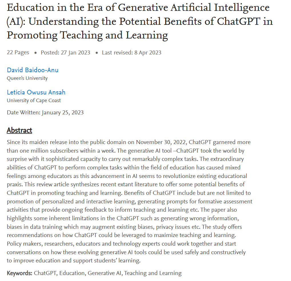 [AI 연구동향] Education in the Era of Generative Artificial Intelligence (AI)