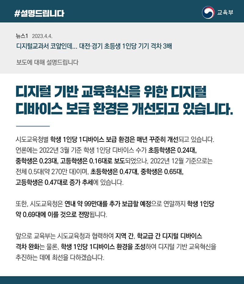 [AI교육 동향] 교육부 “디지털 디바이스 보급환경 개선되고 있어”